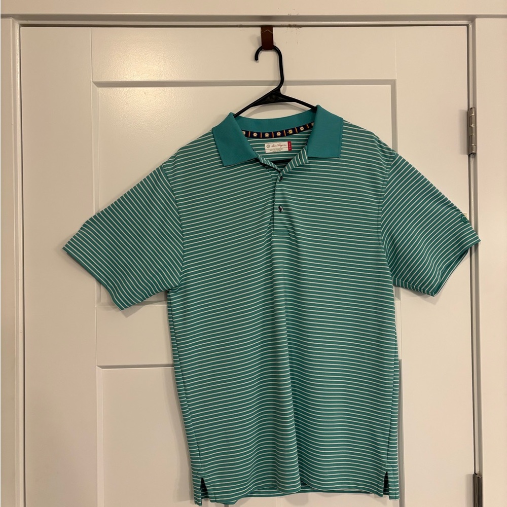 BEN HOGAN POLO SHIRT MEN SIZE MEDIUM 
GREEN WITH WHITE STRIPES